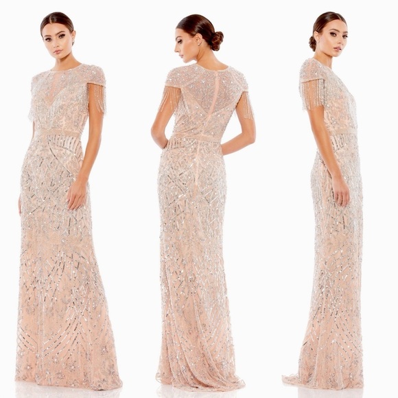 Mac Duggal Beaded Embellished short sleeve gown - Picture 3 of 11